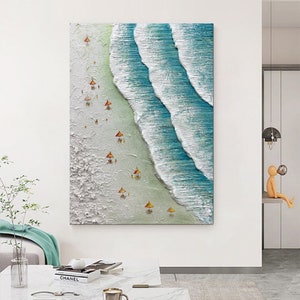 Plage, vagues de l'océan, peinture à l'huile sur toile, natation côtière, grande peinture d'art mural texturé pour l'été, salon, décoration d'intérieur image 3