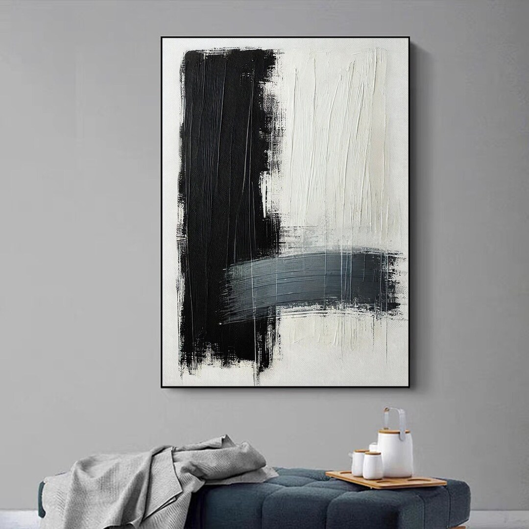 Large Black White Minimalist Wall Art Black Abstract Oil Painting Large ...