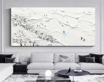 Modern Ski Sport Painting on Canvas Custom Acrylic Painting Original Large Texture Wall Art Skier on Snowy Mountain White Snow Skiing Art