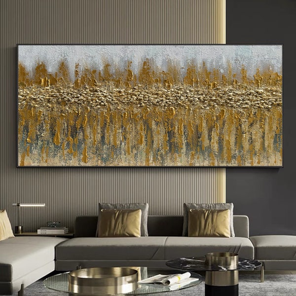 Abstract Gold Foil Oil Painting on Canvas, Large Oil Printing, Gold Wall Art, Original Textured Oil Painting, Living Room Home Decor