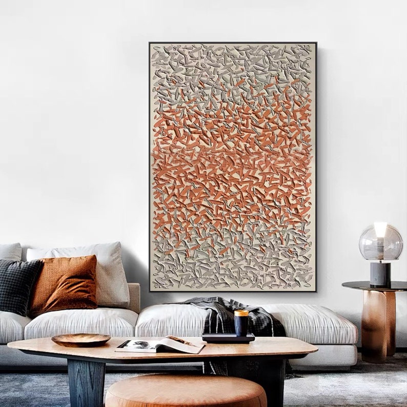 3D Large Abstract Oil Painting on Canvas Orange Grey Wall Art Heavy ...