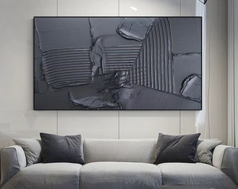 Black 3D Abstract Oil Painting On Canvas Black Large Textured Painting Minimalist Painting Black  Contemporary Art Living Room Home Decor