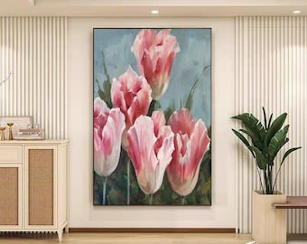 Original Tulip Flower Oil Painting on Canvas Large Pink Bloom Wall Art Abstract Floral Art Custom Painting Living Room Decor Gift