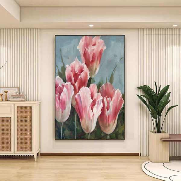 Peinture à l'huile originale de fleur de tulipe sur la toile grande fleur rose d'art mural art floral abstrait peinture personnalisée décoration de salon cadeau