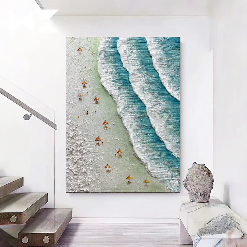 Plage, vagues de l'océan, peinture à l'huile sur toile, natation côtière, grande peinture d'art mural texturé pour l'été, salon, décoration d'intérieur image 1