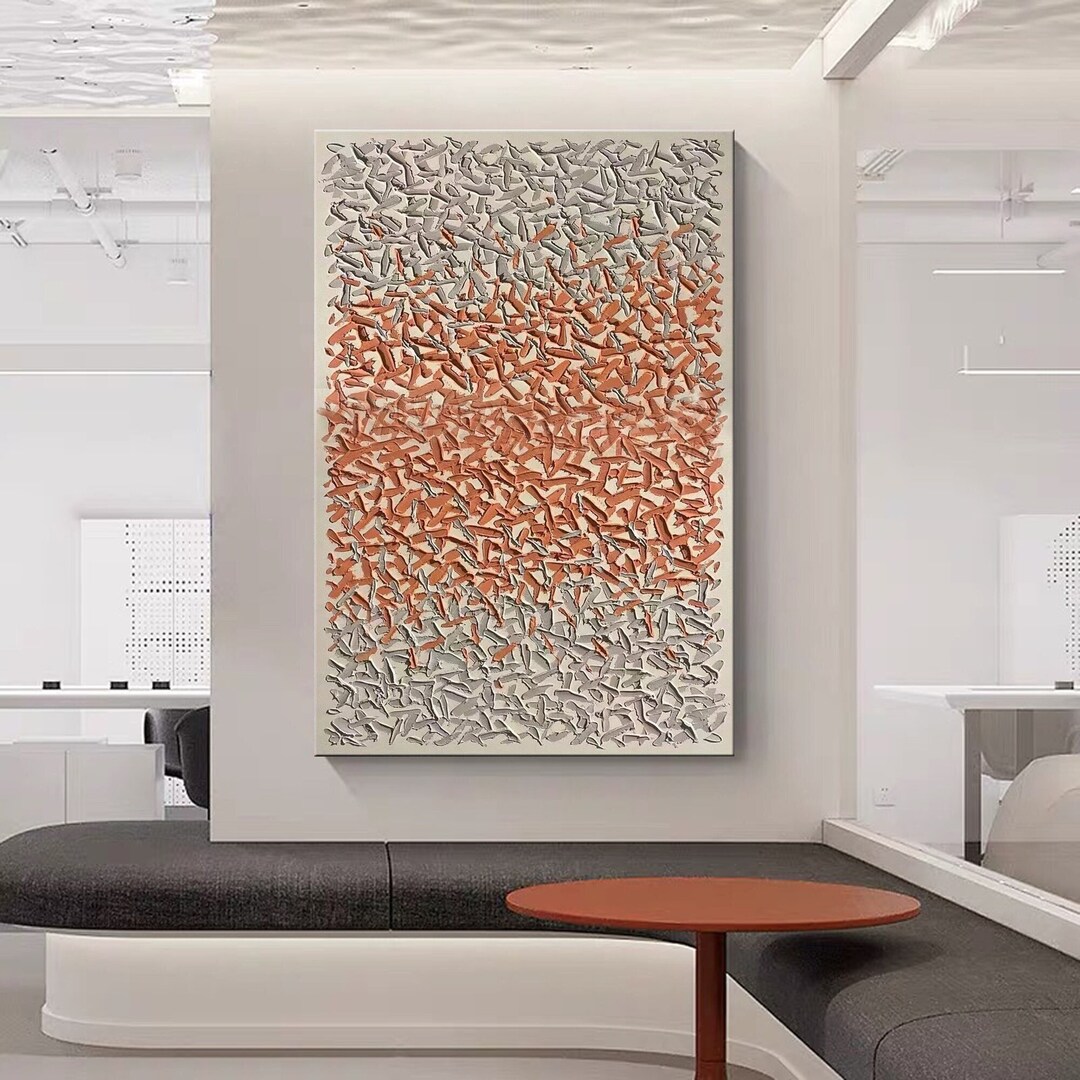 3D Large Abstract Oil Painting on Canvas Orange Grey Wall Art Heavy ...