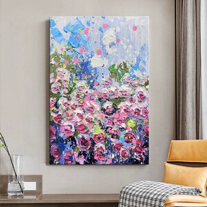 Original 3D Rose Flower Oil Painting Canvas Large Bloom Wall Art Pink Floral Art BohoTexture Colorful Painting Living Room Decor Gift image 3