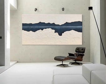 Abstrait bleu beige peinture à l'huile sur toile grand art mural texturé original simple peinture bleu art mural déco salon cadeau