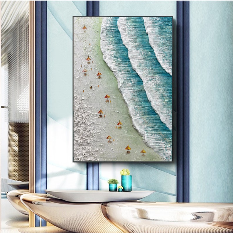 Plage, vagues de l'océan, peinture à l'huile sur toile, natation côtière, grande peinture d'art mural texturé pour l'été, salon, décoration d'intérieur image 2