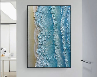 Peinture à l'huile de plage sur l'océan, grande peinture côtière sur toile, peinture de paysage marin, peinture au couteau, peinture de ciel de mer, texture, décoration d'intérieur