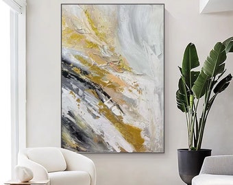 Abstract Simple Texture Oil Painting, Original Large Custom Painting, Yellow Hanging Painting Mural, Living Room Decor Artwork