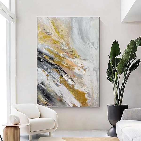 Abstract Simple Texture Oil Painting, Original Large Custom Painting, Yellow Hanging Painting Mural, Living Room Decor Artwork