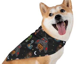 Pañuelo espeluznante para perros y gatos con diseño de críptidos / Pañuelo de Halloween para mascotas / Bufanda adorable de Mothman, Bigfoot y Nessie / Accesorio de otoño para perros / Wendigo de Flatwoods con diseño de Squonk