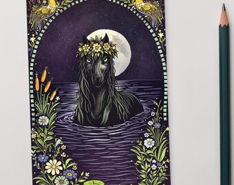 Kelpie Postcard | Water Horse Cryptid Art Print 4x6 | Scottish Folklore Card | Gothic Floral Folk Art | Hand Drawn