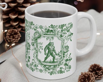Loveland Frogman Mug | Ohio Cryptid Coffee Cup | Delft Style Artisanal Dinnerware | Green Botanical Folk Art | Cryptid Gift