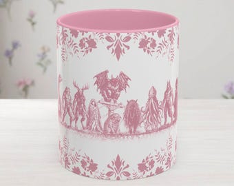 Pink Floral Cryptid Coffee Mug | Complete Lineup: Bigfoot Mothman Nessie Wendigo & Legendary Creatures | Delft Style Ceramic | Hand-Drawn