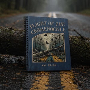 Puede incluir: Un libro con espiral titulado "Flight of the Cromenockle" de Kay Dillon. La portada presenta una escena de bosque con pájaros volando y árboles caídos. El libro descansa sobre una carretera con líneas amarillas, con un tronco caído en primer plano.