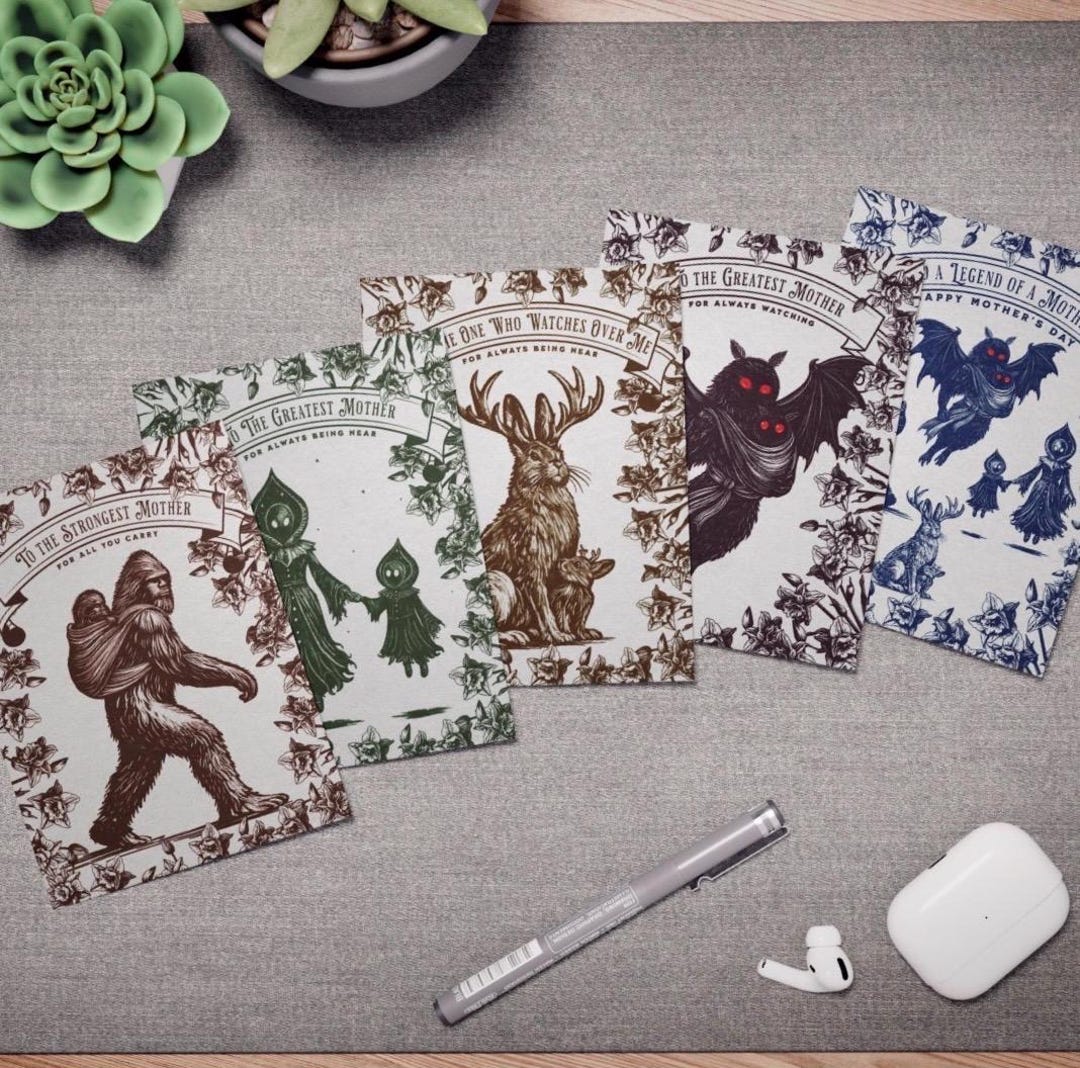 Cryptid Mothers Day Card Set | Mothman Bigfoot Jackalope Flatwoods ...