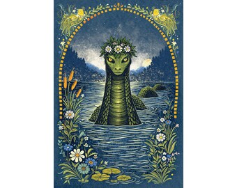 Monster von Loch Ness Kunstdruck | Nessie Poster | Schottische Cryptid Kunst | See Mythologie Dekor | Cottagecore Volkskunst See Szene