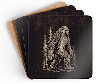 Lot de 4 sous-verres Bigfoot | Sous-verres Sasquatch | Décoration rustique aspect bois | Cadeau Bigfoot | Sous-verres chalet | Cadeau cryptozoologique