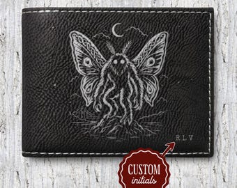 Portefeuille en cuir Mothman | Portefeuille à deux volets RFID | Portefeuille cryptide personnalisé | Folklore des Appalaches | Cadeau pour homme | Portefeuille marron ou noir