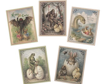 Cryptid Osterkarten Set | Viktorianische Volkskunst Ephemera | Nachtfalter Froschmann Nessie Jackalope | Vintage Style Frühlingskarten (5 Stück)