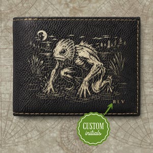 Cryptid Swamp Monster Leather Wallet | Frogman Lizard Man Wallet | Black Lagoon Creature | Engraved RFID Bifold | Personalized Folklore Gift