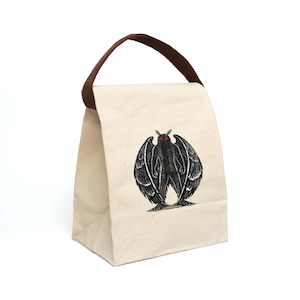Mothman Lunch Bag | Gothic Cryptid Canvas Lunchbox | Distressed Folk Horror Moth Illustration | West Virginia Lore