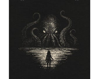 Kraken Sea Art Print | Dark Academia Cryptid Wall Art | Nautical Horror Illustration | Deep Sea Decor | Folk Horror Square Print