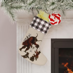 Krampus & Children Building Snowman - Christmas Stocking, Holiday Creepmas, Vintage Decor, Dark Cryptid Decoration