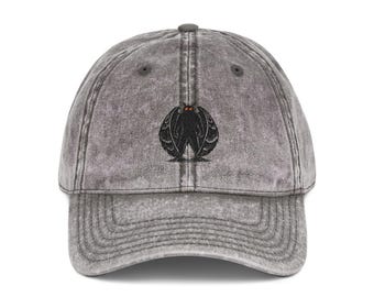 Mothman Hat | Vintage Washed Dad Hat | Cryptid Embroidered Cap | Point Pleasant Mothman | Folk Horror Hat | Gothic Dad Hat