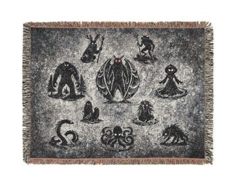 Cryptid Tapestry Blanket Home Decor | Mothman Bigfoot Jackalope Kraken Nessie | Woven Folklore Throw | Council of Cryptids Relic Textile