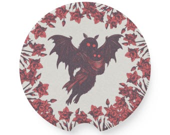 Posavasos para coche de Mothman / Madre y bebé Mothman / Posavasos con forma de críptido de ojos rojos / Decoración gótica floral para coche
