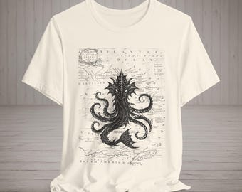 T-shirt Lusca Cryptid | Carte des monstres marins des Caraïbes | Créature pieuvre du folklore des Bahamas | T-shirt vintage de cryptozoologie nautique