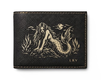 Dark Mermaid Wallet | Hand Drawn Ocean Folklore Bifold | Gothic Sea Creature Leather Wallet | RFID Slim Wallet