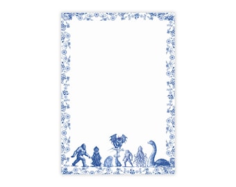 Cryptid Sticky Notes | Blue Delft Folklore Notepad | Bigfoot Mothman Nessie Squonk Frogman | Cute Desk Stationery | Office Gift