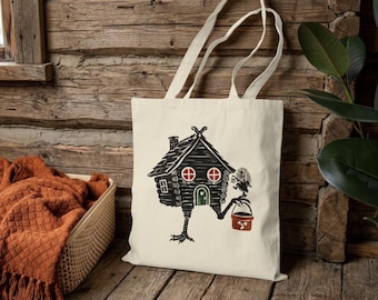 Sac fourre-tout Baba Yaga | Sac Maison Cuisse de Poulet | Cadeau Folklore Slave | Sac fourre-tout Halloween Sorcière | Sac en Toile Art Folklorique