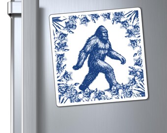 Bigfoot Magnet | Sasquatch Refrigerator Magnet | Blue Delft Cryptid Decor | Floral Bigfoot Gift | Cryptozoology Fridge Magnet