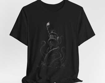Statue of Liberty Kraken Shirt | Still Holding Torch | Sea Monster Tee | Nautical Patriotic Horror Graphic | Hand Drawn Americana