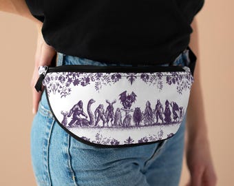 Dark Purple Cryptid Lineup Fanny Pack | Mothman Nessie Selkie Wendigo Belt Bag | Delft Crossbody | Bigfoot Frogman Cryptozoology Gift