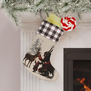 Krampus mit Rentier & Kind - Weihnachtsstrumpf, Vintage Dekoration, dunkle Weihnachtsdekoration - Cryptid, Mädchen und Rudolf