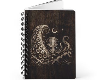 Carnet Kraken | Journal à spirale Monstre marin | Carnet Pieuvre géante | Journal Cryptide nautique | Carnet à lignes en bois foncé | Cadeau Kraken