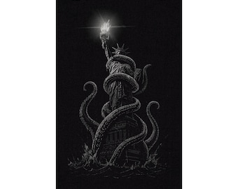 Statue of Liberty Kraken Poster | Keep the Torch Burning Wall Art | Patriotic Horror Print | Eldritch Ocean Monster | Gothic Decor
