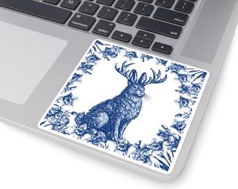 Autocollant Jackalope | Autocollant Cryptide Bleu de Delft | Autocollant Lapin à Bois | Autocollant Folklore pour Ordinateur Portable | Cadeau Cryptide | Décoration Cottage Insolite