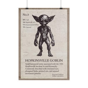 May include: A poster featuring a black and white ink illustration of the Hopkinsville Goblin. The text reads No. 8, HT: 3-4ft, TR: Hopkinsville, KY, CL: Extraterrestrial Folklore, ST: Contested, and HOPKINSVILLE GOBLIN with a descriptive paragraph.
