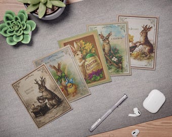 Jackalope Osterkarten 5er Set | Vintage Style Folk Art Postkarten Frühling | Wunderliche Ostern Ephemera | Innen leer