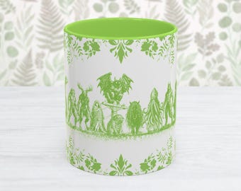 Lime Green Cryptid Coffee Mug | Complete Lineup: Bigfoot Mothman Nessie Wendigo & Legendary Creatures | Delft Style Ceramic | Hand-Drawn