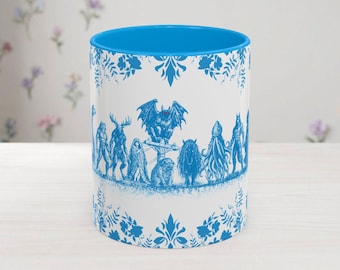 Cool Blue Cryptid Coffee Mug | Complete Lineup: Bigfoot Mothman Nessie Wendigo & Legendary Creatures | Delft Style Ceramic Mug | Hand-Drawn