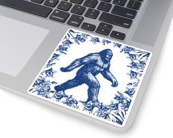 Autocollant Bigfoot | Autocollant Sasquatch | Autocollant Cryptide bleu de Delft | Autocollant Bigfoot floral pour ordinateur portable | Cadeau Cryptozoologie | Autocollant Folklore