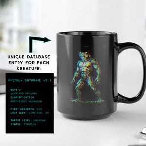 Loveland Frogman Glitch Database Mug | Retro CRT Cryptid Coffee Cup | Ohio Frog Man Folklore | Anomaly Database | Sci-Fi Horror Gift